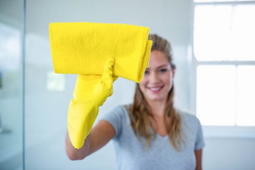 Cleaner maintaining desks and shared office surfaces in Croydon